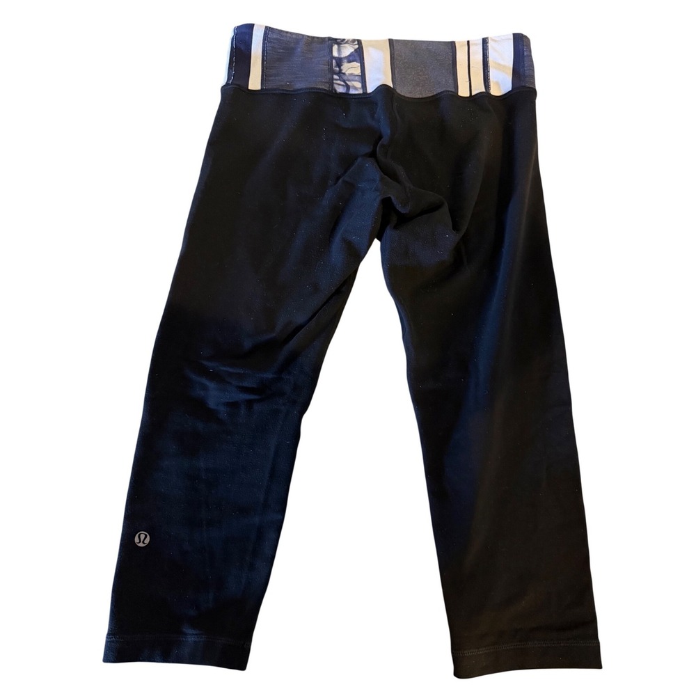 Lululemon Wunder Under Crop Leggings Black Blue Striped Waistband Yoga‎ Pants 6
